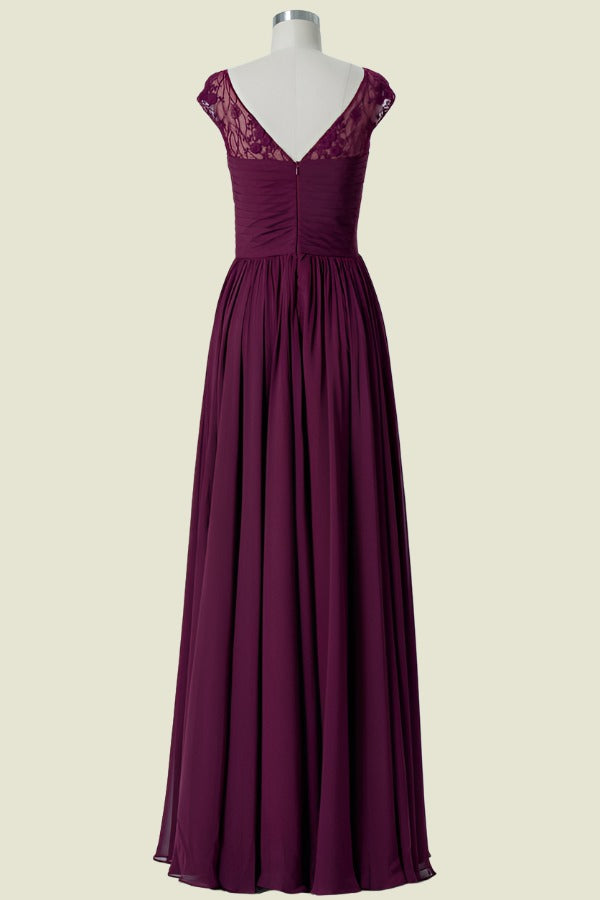 Burgundy Cap Sleeves A-Line Jewel Neck Chiffon Bridesmaid Dresses