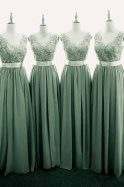 Classic V-Neck Floor-Length A-Line Lace Chiifon Bridesmaid Dresses with Sash