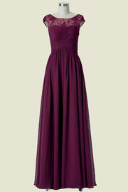 Burgundy Cap Sleeves A-Line Jewel Neck Chiffon Bridesmaid Dresses