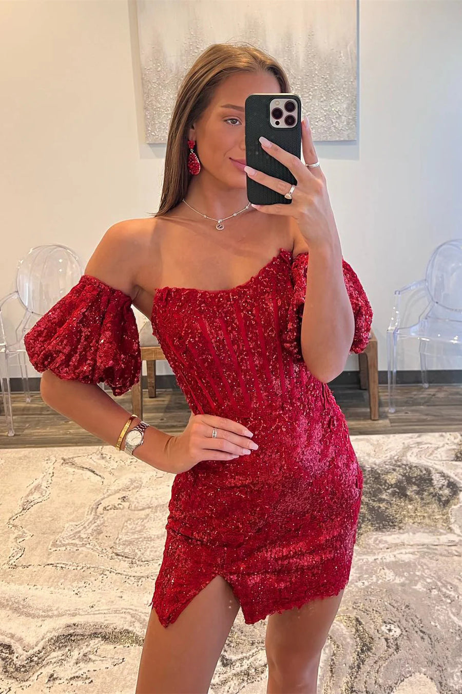 Red Strapless Sequined Sheath Short Homecoming Dresses with Detachable Sleeves