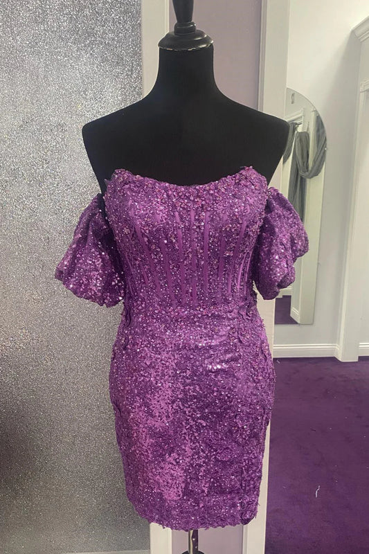 Purple Off the Shoulder Bodycon Short Homecoming Dress with Sequins Front Side