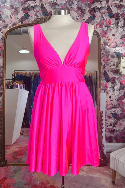 Fuchsia V Neck A-Line Short Homecoming Dress with Belt Loops Front Side