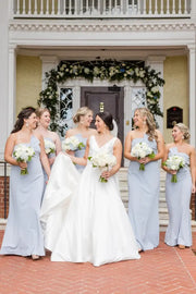 Light Blue Strapless Mermaid Satin Bridesmaid Dresses with Bow