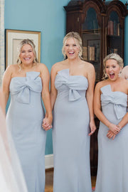 Light Blue Strapless Mermaid Satin Bridesmaid Dresses with Bow