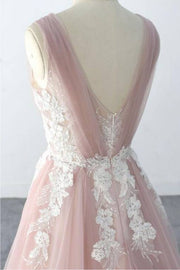 Pink V-Neck Sleeveless A-Line Long Tulle Wedding Dresses with Appliques