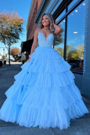 Sky Blue Tiered V-Neck Sleeveless Ball Gown Tulle Prom Dresses