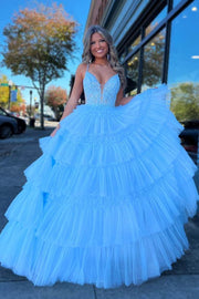 Sky Blue Tiered V-Neck Sleeveless Ball Gown Tulle Prom Dresses