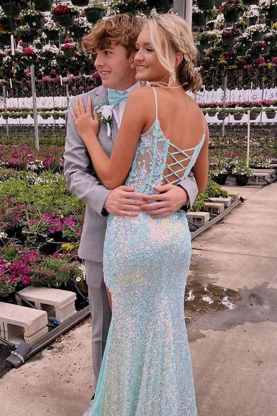 Light Blue Mermaid Sequined Sleeveless Prom Dresses