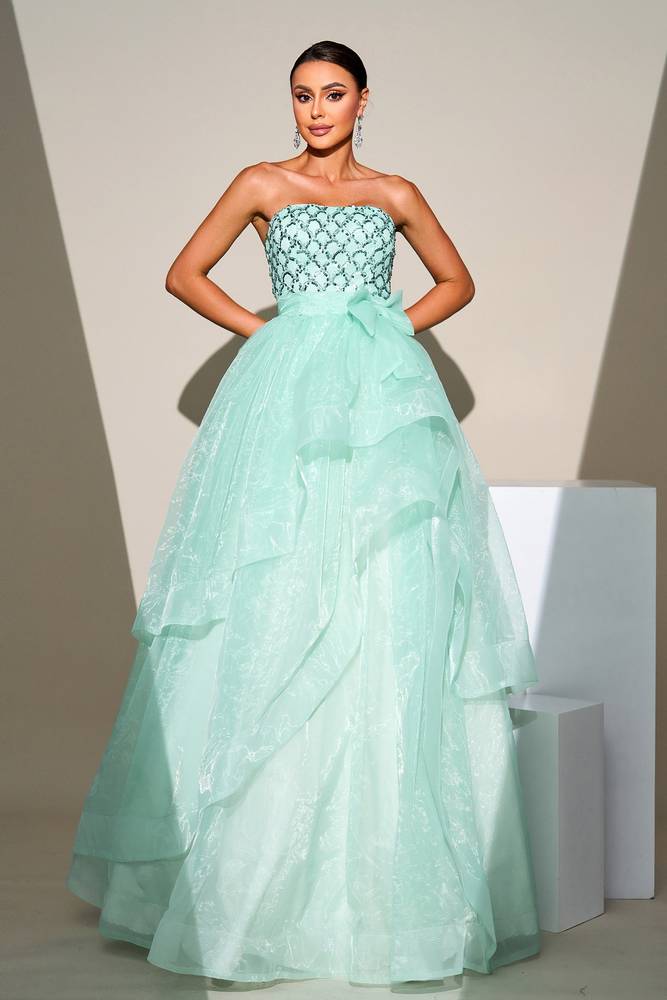 Mint Green Strapless A-Line Sequin Tulle Evening Dresses with Bow