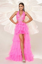 Hi-Lo Halter A-Line Tulle Sequin Evening Dresses with Ruffles