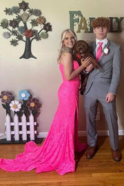 Fuchsia Stylish Split Front Mermaid Long Prom Dresses with Appliques