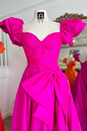 Fuchsia Sweetheart Long A-Line Satin Prom Dresses with Bow