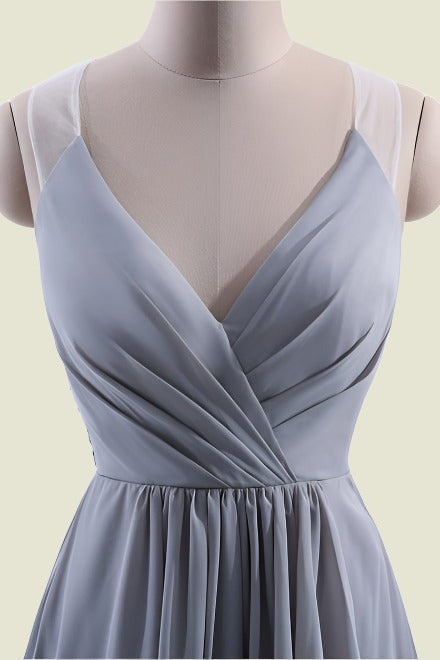 Grey Sleeveless A-Line V-Neck Tulle Chiffon Bridesmaid Dresses with Appliques