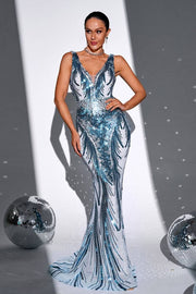 Sweep Train V-Neck Sleeveless Mermaid Sequin Prom Dresses