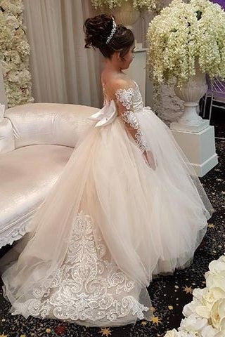 Long Ball Gown Tulle Long Sleeves Flower Girl Dresses with Bow