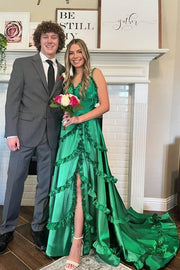 Emerald V-Neck Long Satin A-Line Prom Dresses with Slit