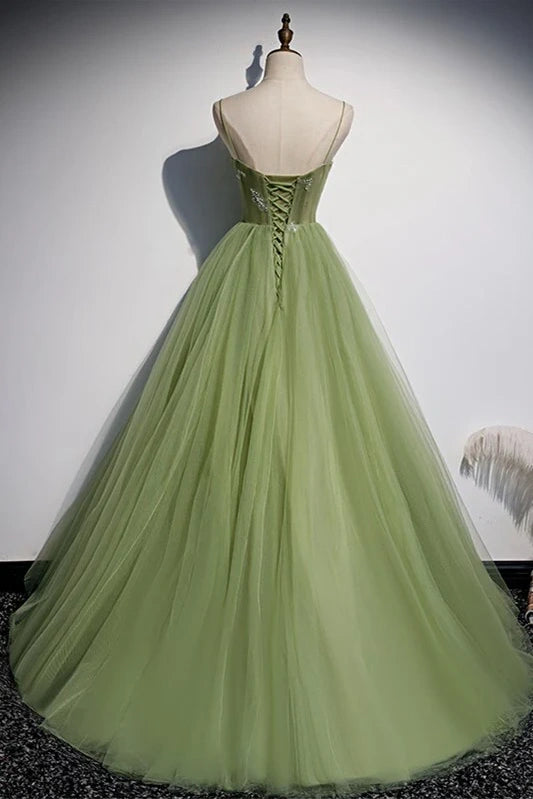 Green Spaghetti Straps Ball Gown Tulle Evening Dresses with Beads