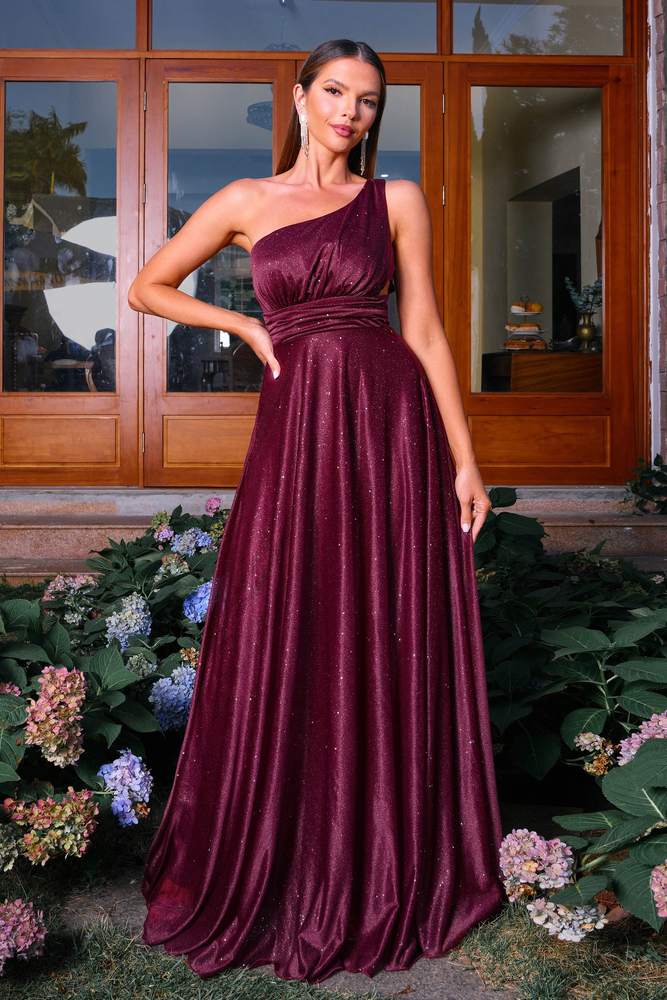 Sparkly One-Shoulder A-Line Satin Evening Dresses