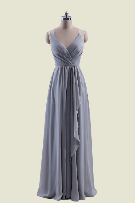 Grey Sleeveless A-Line V-Neck Tulle Chiffon Bridesmaid Dresses with Appliques