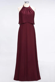 Burgundy Crew Neck Sleeveless A-Line Chiffon Bridesmaid Dresses