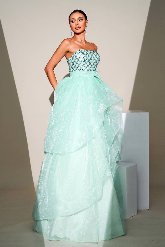 Mint Green Strapless A-Line Sequin Tulle Evening Dresses with Bow