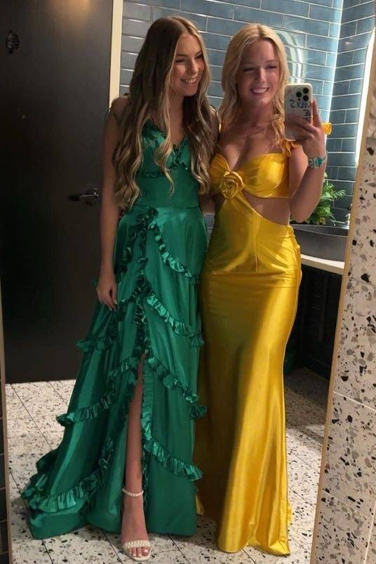 Emerald V-Neck Long Satin A-Line Prom Dresses with Slit