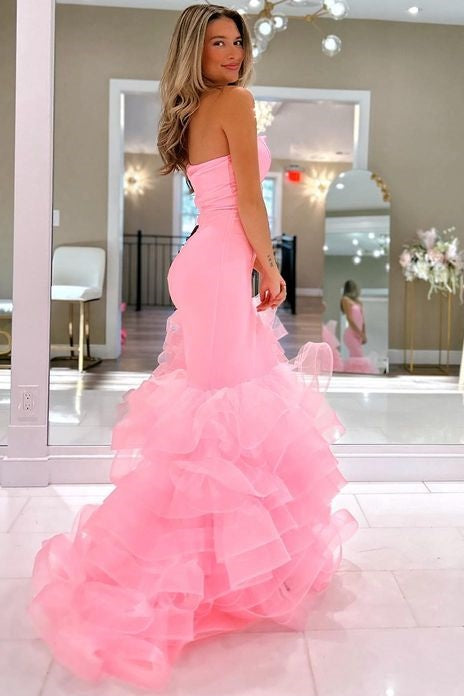 Deluxe Floor-Length Mermaid V-Neck Sleeveless Strapless Satin Tulle Prom Dresses