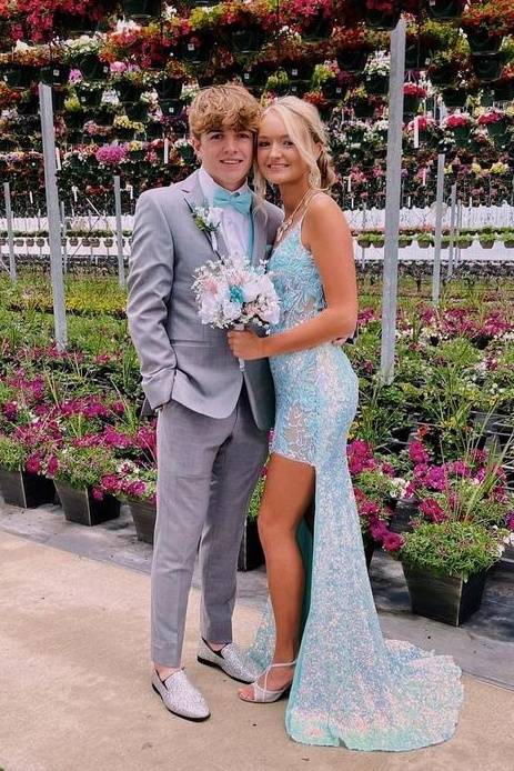 Light Blue Mermaid Sequined Sleeveless Prom Dresses