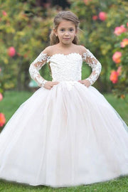 Long Ball Gown Tulle Long Sleeves Flower Girl Dresses with Bow