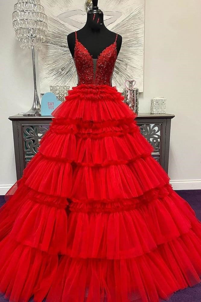 Red Tiered V-Neck Sleeveless Ball Gown Tulle Prom Dresses