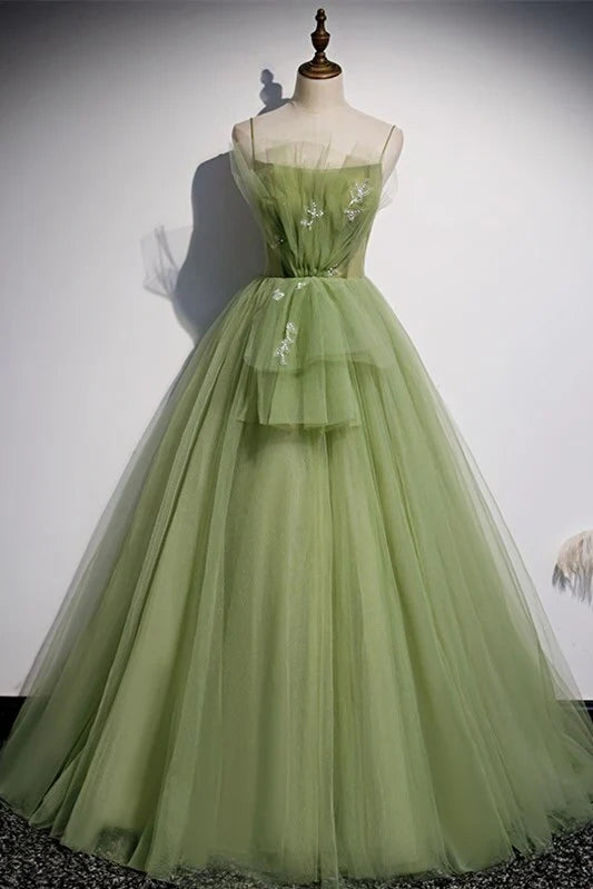 Green Spaghetti Straps Ball Gown Tulle Evening Dresses with Beads