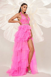 Hi-Lo Halter A-Line Tulle Sequin Evening Dresses with Ruffles