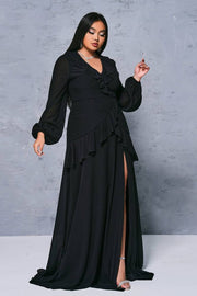 Black Plus Size Long Sleeves Chiffon Prom Evening Dresses with Slit