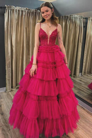 Fuchsia Tiered V-Neck Sleeveless Ball Gown Tulle Prom Dresses