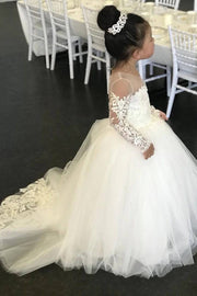 Long Ball Gown Tulle Long Sleeves Flower Girl Dresses with Bow