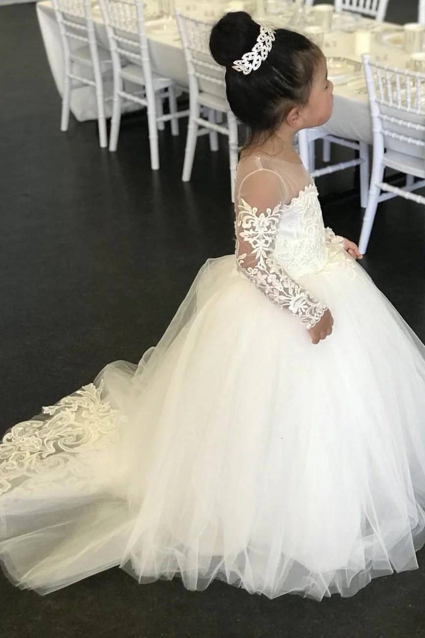 Long Ball Gown Tulle Long Sleeves Flower Girl Dresses with Bow