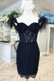 Black Beaded Lace Short Homecoming Dresses Off-The-Shoulder with Fur