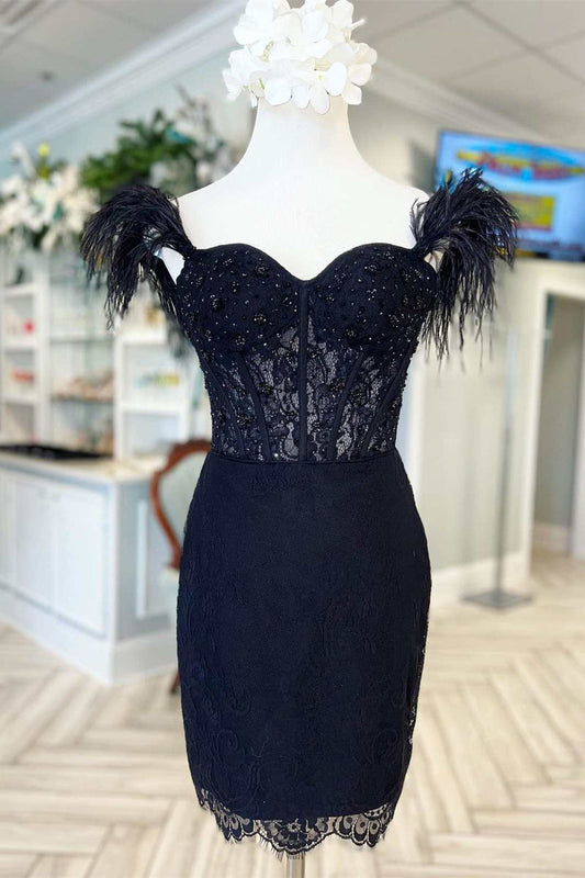 Black Beaded Sweetheart Short Homecoming Dress with Feathers