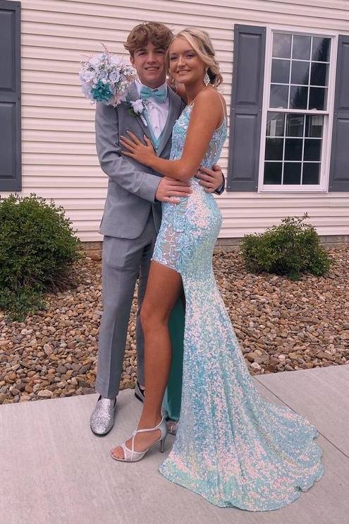 Light Blue Mermaid Sequined Sleeveless Prom Dresses