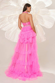 Hi-Lo Halter A-Line Tulle Sequin Evening Dresses with Ruffles