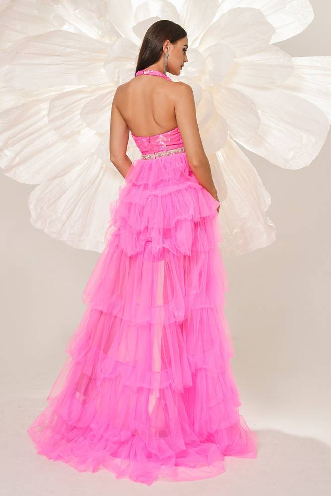 Hi-Lo Halter A-Line Tulle Sequin Evening Dresses with Ruffles
