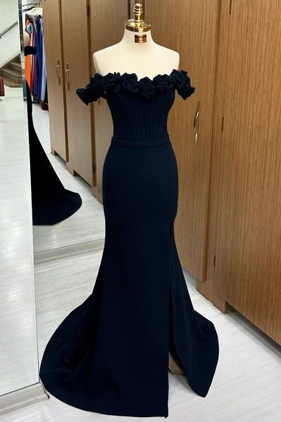 Exquisite Off-The-Shoulder Sweep Train Mermaid Stretch Satin Prom Dresses with Flowers