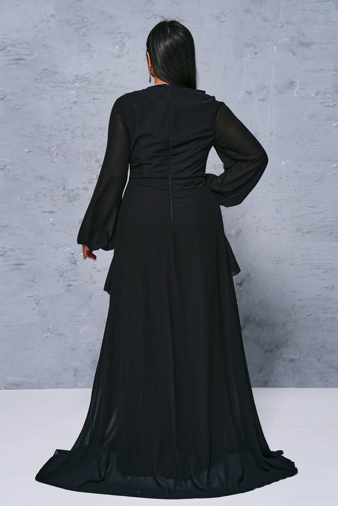 Black Plus Size Long Sleeves Chiffon Prom Evening Dresses with Slit