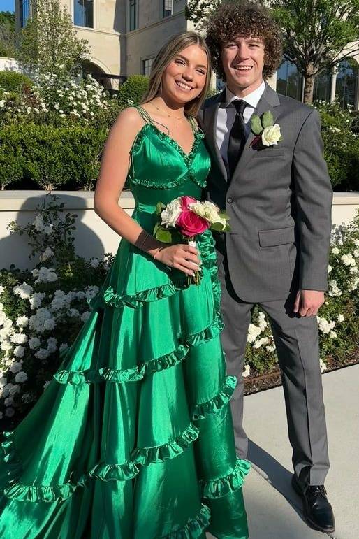 Emerald V-Neck Long Satin A-Line Prom Dresses with Slit