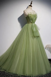 Green Spaghetti Straps Ball Gown Tulle Evening Dresses with Beads