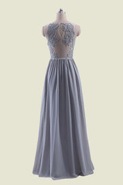 Grey Sleeveless A-Line V-Neck Tulle Chiffon Bridesmaid Dresses with Appliques