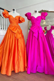 Fuchsia Sweetheart Long A-Line Satin Prom Dresses with Bow