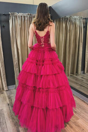 Fuchsia Tiered V-Neck Sleeveless Ball Gown Tulle Prom Dresses