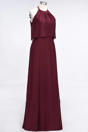 Burgundy Crew Neck Sleeveless A-Line Chiffon Bridesmaid Dresses