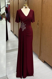 Chic Floor-Length V-Neck Short Sleeves Mermaid Satin Prom Dresses